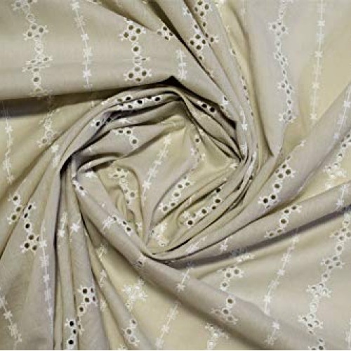 Natural Perforated Striped Embroidered 100% Cotton Fabric 55 Wide...