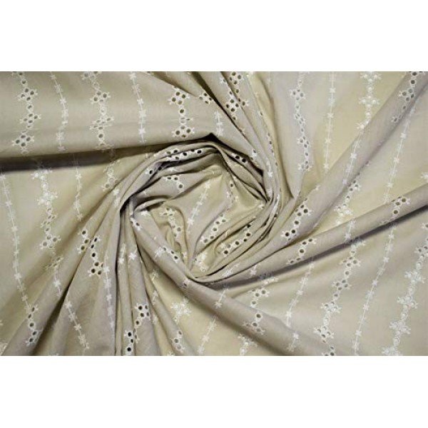 Natural Perforated Striped Embroidered 100% Cotton Fabric 55 Wide...