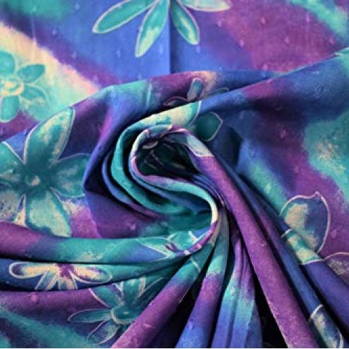Teal Purple Island Floral Swiss Dot 100% Cotton Lawn Sheer Apparel...