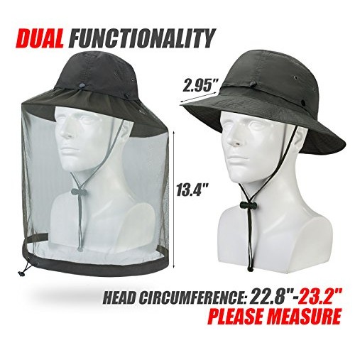 USHAKE Mosquito Head Net Hat, Safari Hat Sun Hat Bucket Hat with H...