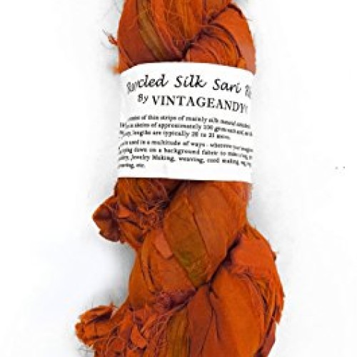 100g Recycled Sari Silk Ribbon Yarn, Jewelry Making Trim - Orange