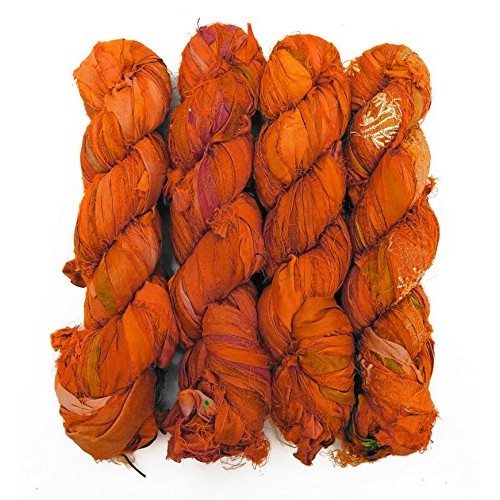 100g Recycled Sari Silk Ribbon Yarn, Jewelry Making Trim - Orange