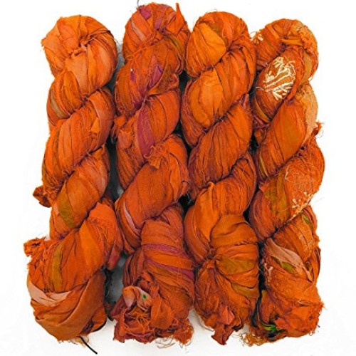 100g Recycled Sari Silk Ribbon Yarn, Jewelry Making Trim - Orange