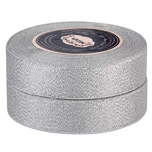 VATIN Glitter Metallic Silver Ribbon 1 inches Wide Sparkly Fabric ...