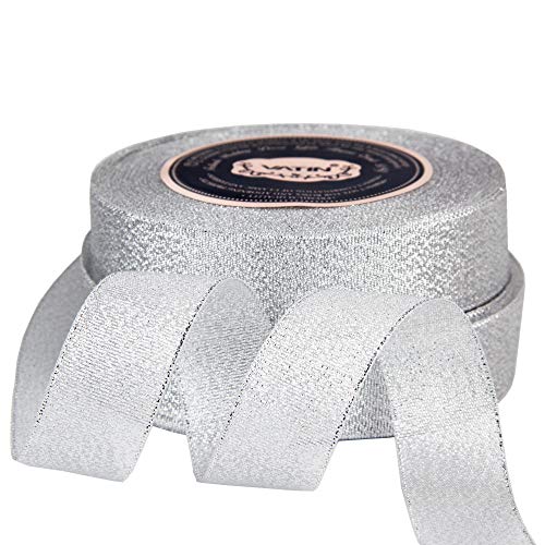 VATIN Glitter Metallic Silver Ribbon 1 inches Wide Sparkly Fabric ...