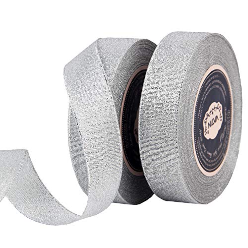 VATIN Glitter Metallic Silver Ribbon 1 inches Wide Sparkly Fabric ...