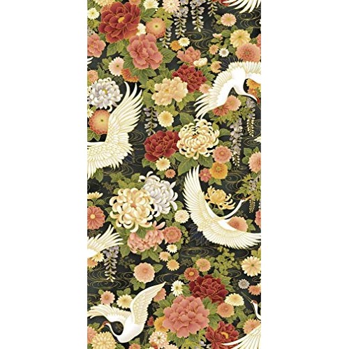 Veedaf Asian Fabric - Wind Song Crane & Floral Metallic Black - Oa...