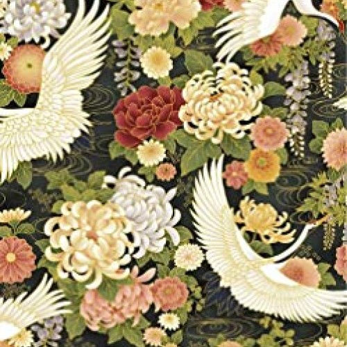 Veedaf Asian Fabric - Wind Song Crane & Floral Metallic Black - Oa...