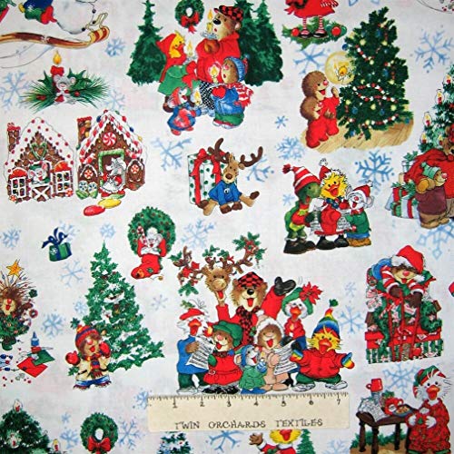 Veedaf Suzys Christmas Fabric - Animal Holiday Scenes White - Hof...
