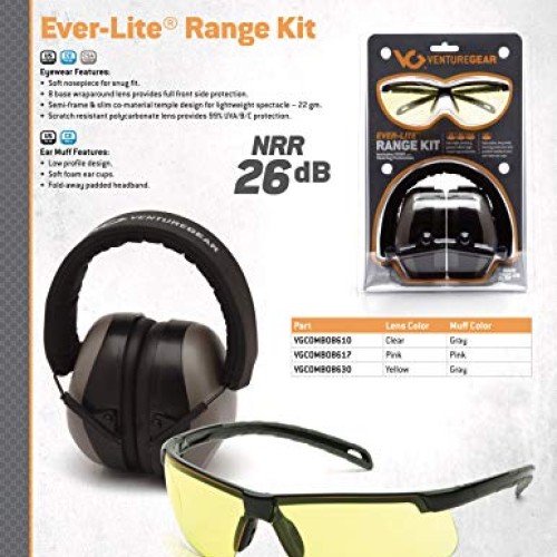 Venture Gear Shooting Glass and Hearing Protection Range Kit, Clea...