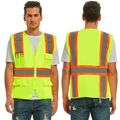 VICRR High Visibility Safety Vest with 9 Pockets, Reflective Tape ...