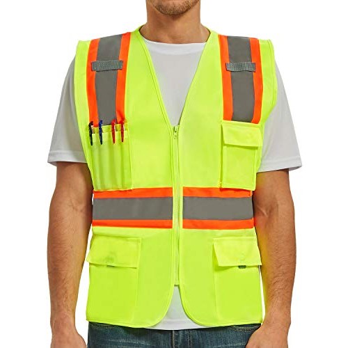 VICRR High Visibility Safety Vest with 9 Pockets, Reflective Tape ...