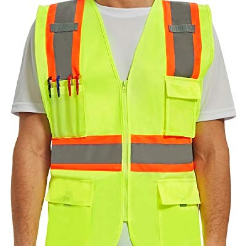 VICRR High Visibility Safety Vest with 9 Pockets, Reflective Tape ...