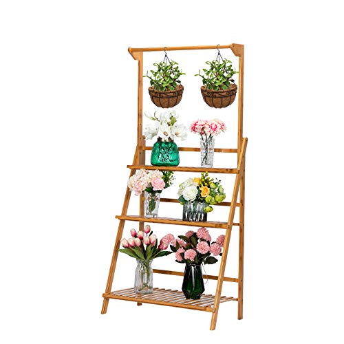 VINGLI 3 Tier Bamboo Hanging Plant Stand Planter Shelves Flower Po...