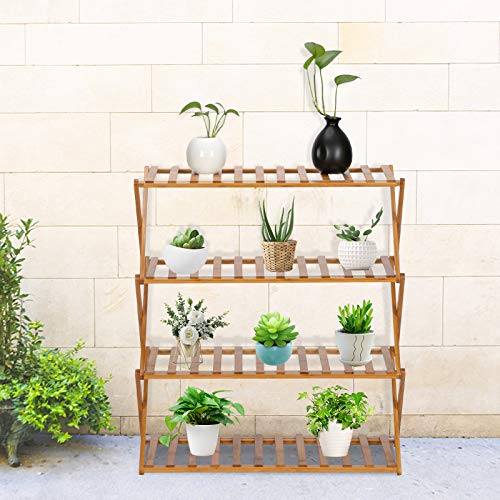 VINGLI 4 Tier Bamboo Plant Stand Folding Planter Shelves Flower Po...
