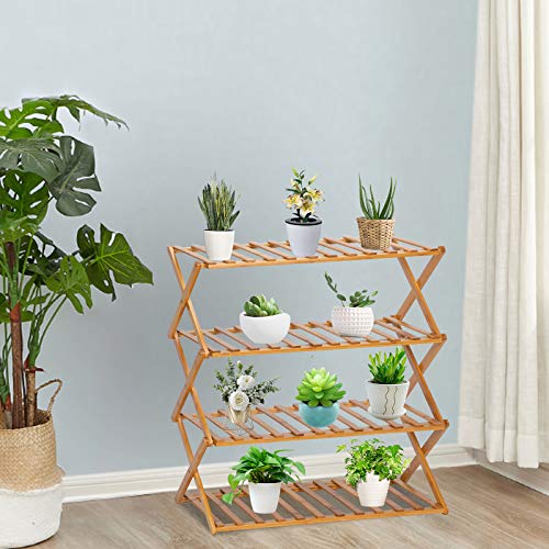 VINGLI 4 Tier Bamboo Plant Stand Folding Planter Shelves Flower Po...