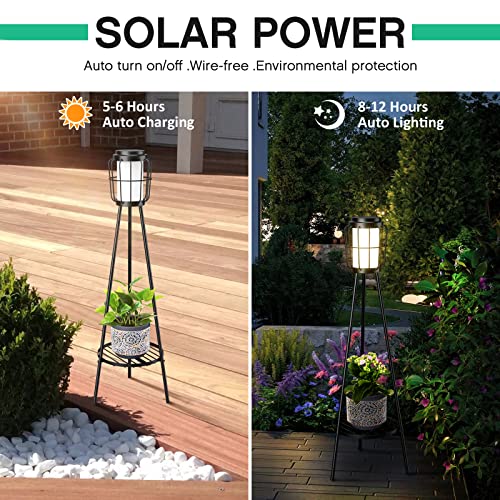 Metal Solar Floor Lamps Outdoor with Plant Stand, 2 Pack Waterproo...