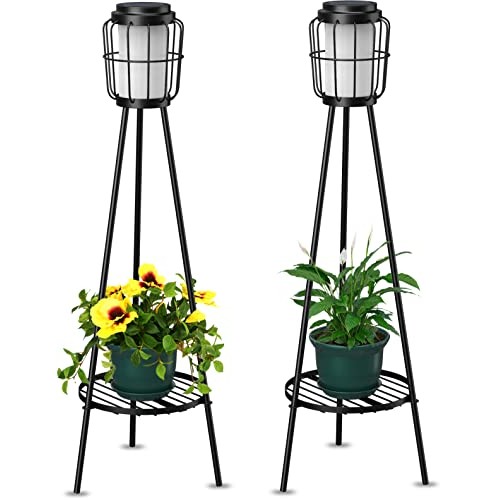 Metal Solar Floor Lamps Outdoor with Plant Stand, 2 Pack Waterproo...