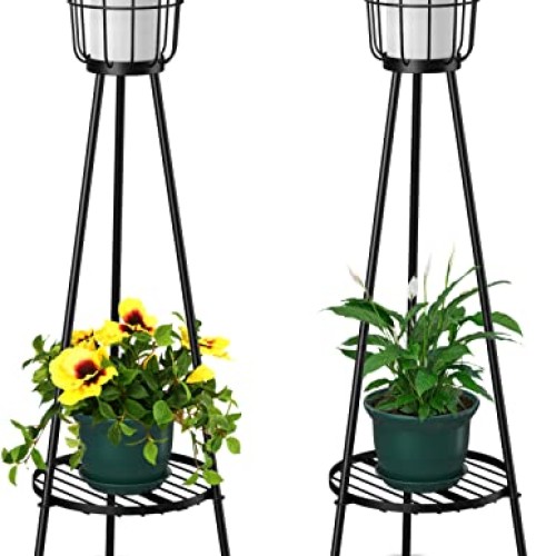 Metal Solar Floor Lamps Outdoor with Plant Stand, 2 Pack Waterproo...