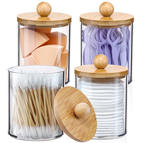 VITEVER 4 Pack Qtip Holder Dispenser with Bamboo Lids - 10 oz Clea...