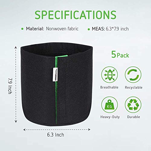 VIVOSUN 5-Pack 1 Gallon Grow Bags, Fabric Pots with Mylar Hydropon...