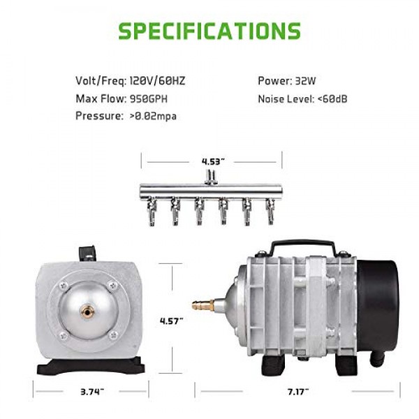 VIVOSUN Air Pump 950 GPH 32W 60L/min 6 Outlet Commercial Air Pump ...