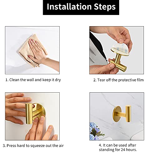 Vuzvuv Adhesive Hooks Brushed Gold SUS304 Stainless Steel Towel Ho...