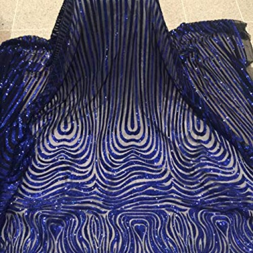 1way Stretch Black Mesh W/Royal Sequins Lace Fabric 50 Width Sold...