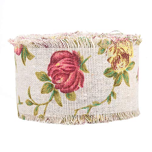 DIY Printed Rose Flower Burlap Ribbon,Jute Burlap Fabric Ribbon fo...