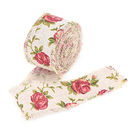 DIY Printed Rose Flower Burlap Ribbon,Jute Burlap Fabric Ribbon fo...