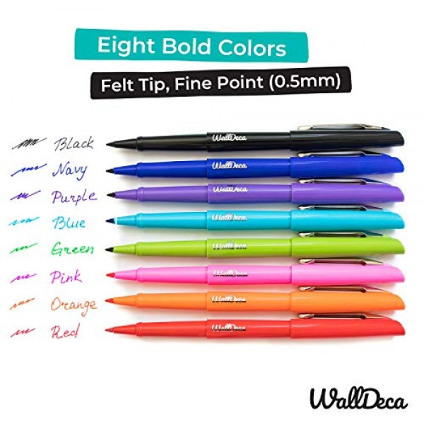 WallDeca Felt Tip Pens, Fine Point 0.5mm, Assorted Rainbow Color...