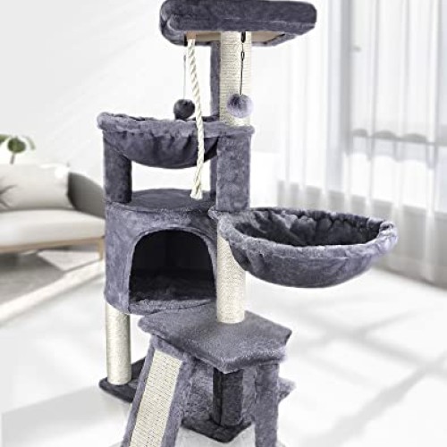 Xin Three Layer Cat Tree with Cat Condo and Two Hammocks,Grey