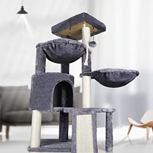 Xin Three Layer Cat Tree with Cat Condo and Two Hammocks,Grey