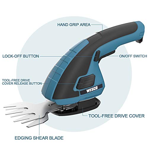 Wesco Cordless Grass Shears 7.2V Cordless Hedge Trimmer, 2-in-1 Ha...
