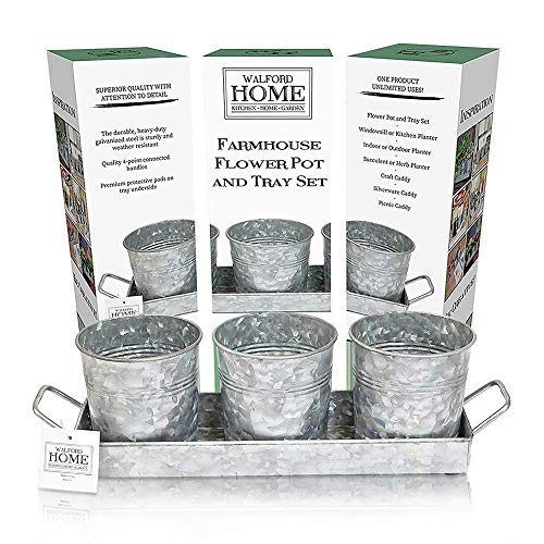 Farmhouse Flower Herb Pot Set with Tray - Galvanized Metal Vintage...