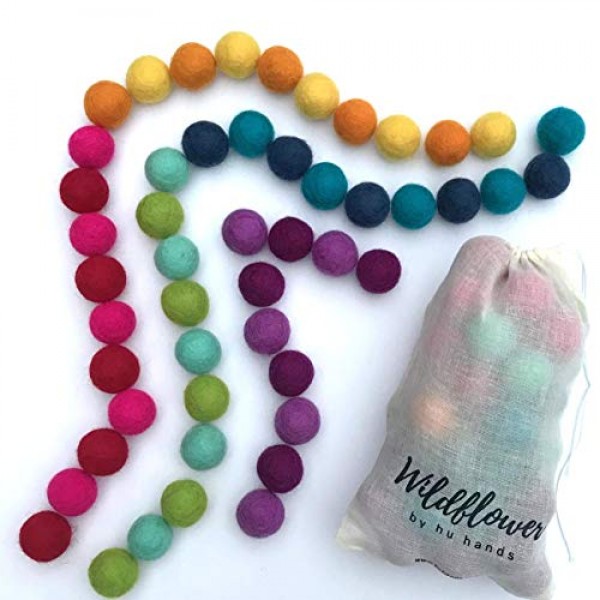 Wildflower by Hu Hands Rainbow Party - 100% Handmade Wool Felt Pom Poms - (50) Pure New Zealand Wool Felt Balls - DIY Pompoms