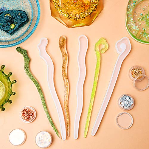 16 Pieces Silicone Hairpin Molds and Foil Flakes Set, Resin Hair S...