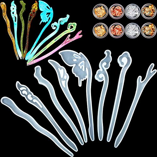 16 Pieces Silicone Hairpin Molds and Foil Flakes Set, Resin Hair S...