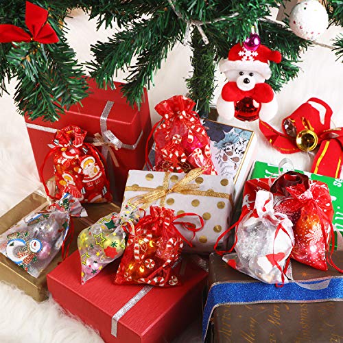 55 Pieces Christmas Organza Bags Red White Silver Snowflakes Organ...