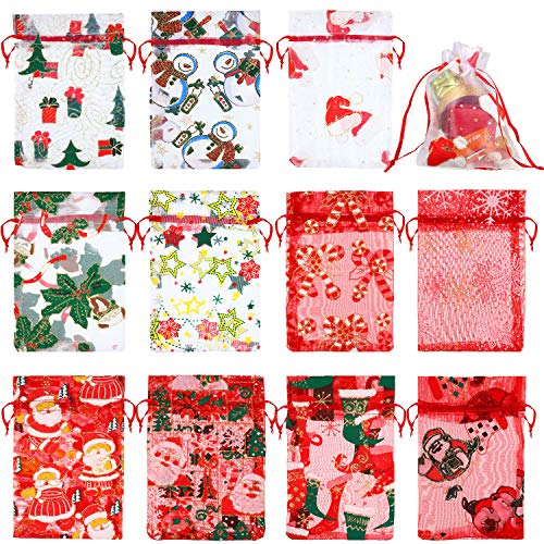 55 Pieces Christmas Organza Bags Red White Silver Snowflakes Organ...