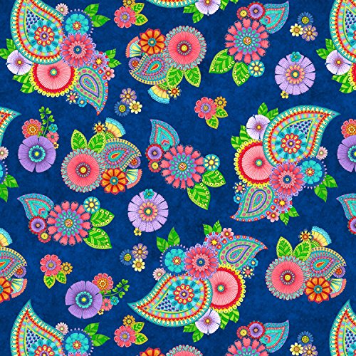 1 Yard Night Bright Blue Paisley Floral by Hello Angel
