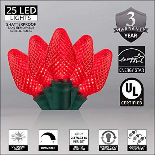 C7 Red Christmas Lights Set of 25, 17 Ft, Red LED Christmas Lights...
