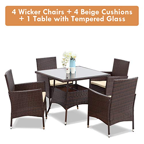 Wisteria Lane 5 Piece Outdoor Patio Dining Set, Wicker Glassed Tab...