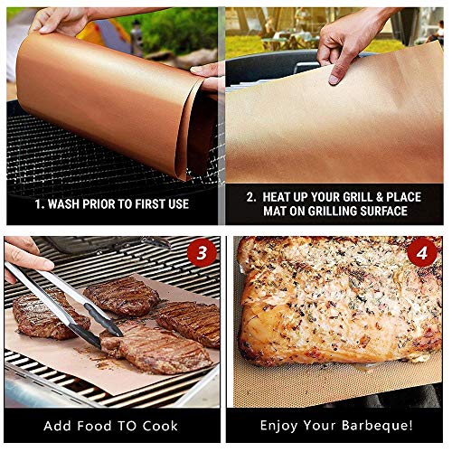 WL Copper Grill Mat Set of 3,100% Non-Stick Gold BBQ Barbecue Baki...