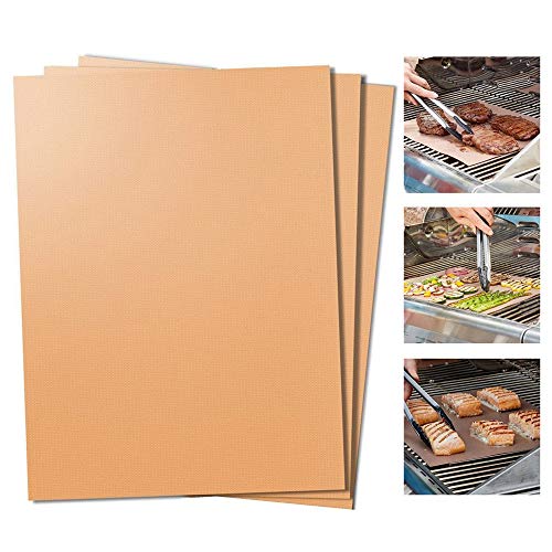 WL Copper Grill Mat Set of 3,100% Non-Stick Gold BBQ Barbecue Baki...
