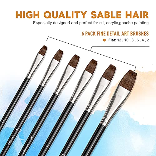 6 Pieces Flat Paint Brush Artist Sable Brush Set with Wooden Handl...