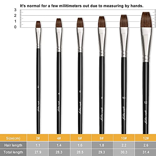 6 Pieces Flat Paint Brush Artist Sable Brush Set with Wooden Handl...