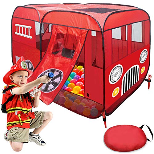 Play Tent for Kids Fire Truck Pop Up Playhouse Red with Step for...