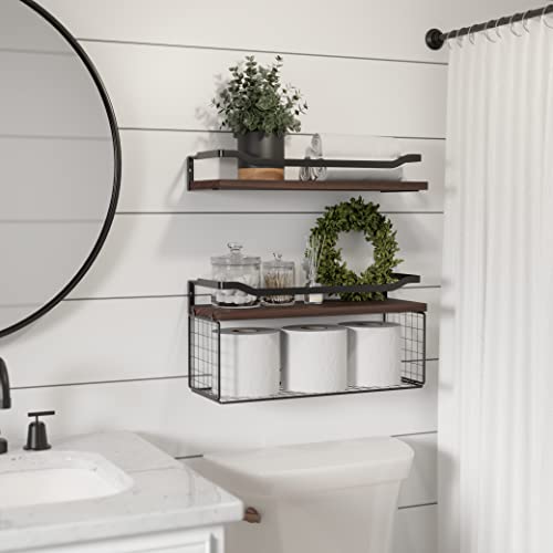WOPITUES Floating Shelves with Wire Storage Basket, Bathroom Shelv...