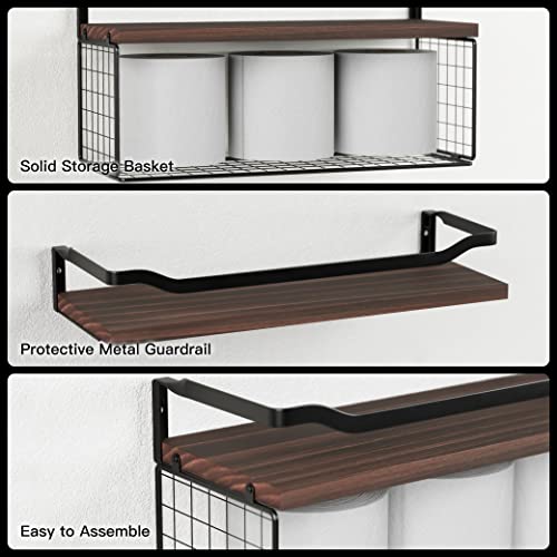 WOPITUES Floating Shelves with Wire Storage Basket, Bathroom Shelv...
